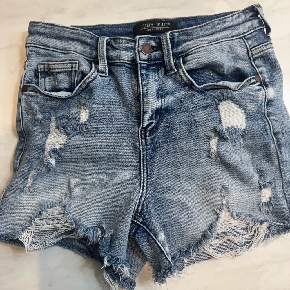 Judy Blue Blue Distressed Jean Shorts High-Waisted